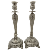 FINE TALL 925 STERLING SILVER HANDMADE CHASED LEAF APPLIQUE ORNATE CANDLESTICKS
