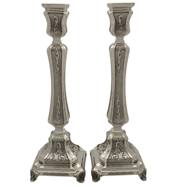 FINE SMALL 925 STERLING SILVER HANDMADE CHASED ORNATE MATTE & SHINY CANDLESTICKS