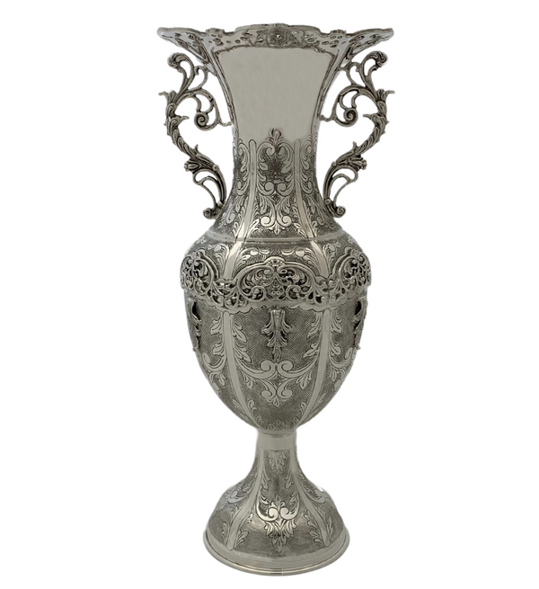 925 STERLING SILVER HANDMADE CHASED LEAF APPLIQUE ORNATE FLOWER VASE & HANDLES