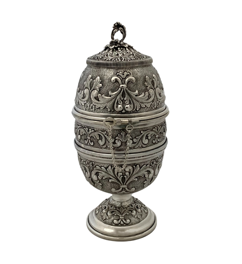 TALL ITALY 925 STERLING SILVER HANDMADE CHASED LEAF ORNATE STANDING ESROG BOX