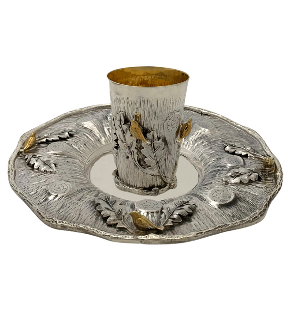925 STERLING SILVER & GILDED HANDMADE MULTI BIRD LEAF TREE APPLIQUE CUP & TRAY