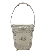 ANTIQUE 925 STERLING SILVER & GLASS HANDMADE ORNATE WOVEN ICE BUCKET & HANDLE
