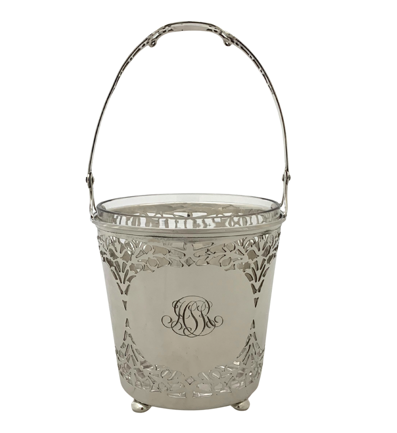 ANTIQUE 925 STERLING SILVER & GLASS HANDMADE ORNATE WOVEN ICE BUCKET & HANDLE