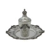 FINE 925 STERLING SILVER HANDMADE LEAF APPLIQUE CHASED ORNATE CUP & TRAY & COVER