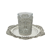 925 STERLING SILVER & GLASS INSERT HANDMADE FLUTED OPEN LACE ORNATE CUP & TRAY