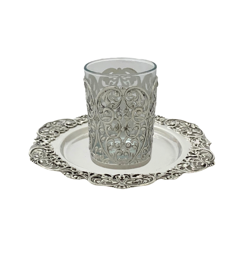 925 STERLING SILVER & GLASS INSERT HANDMADE FLUTED OPEN LACE ORNATE CUP & TRAY