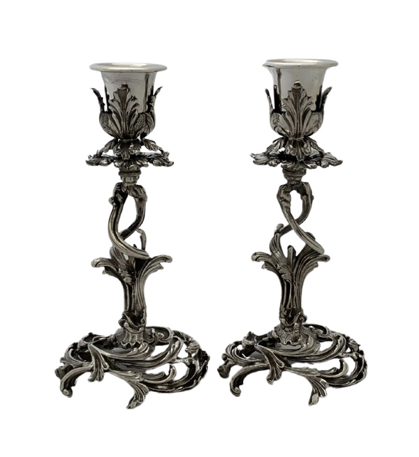 FINE ITALIAN 925 STERLING SILVER HANDMADE LEAF APPLIQUE ORNATE CANDLESTICKS