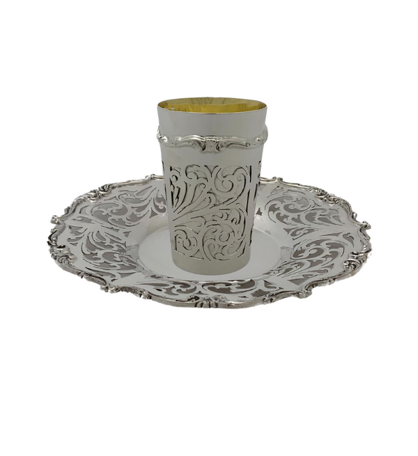 925 STERLING SILVER HANDMADE CHASED SWIRL FLUTED LACE ORNATE SHINY CUP & TRAY