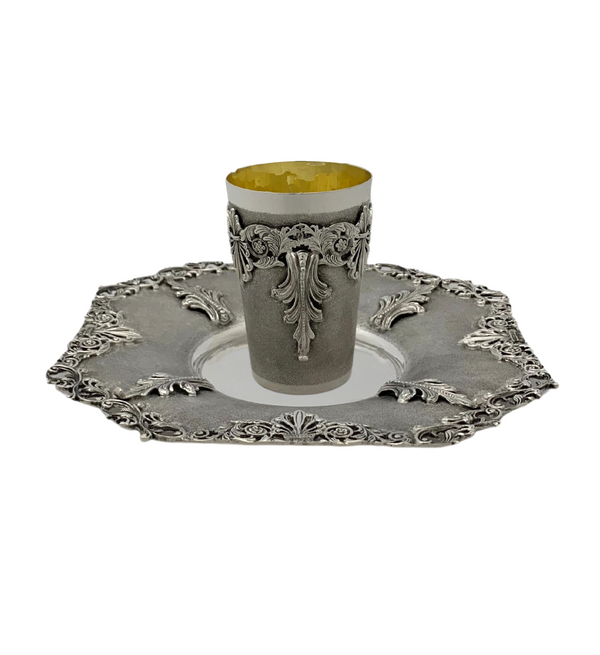 FINE 925 STERLING SILVER HANDMADE LEAF APPLIQUE ORNATE MATTE & SHINY CUP & TRAY