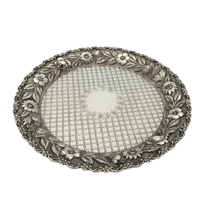 ANTIQUE 925 STERLING SILVER HANDMADE FLORAL REPOUSSE MATTE SHINY 8" ROUND TRAY