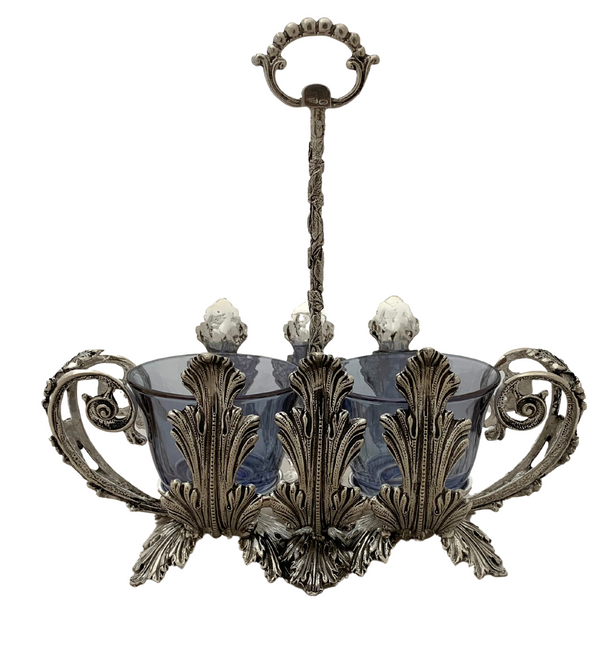 FINE ITALIAN 925 STERLING SILVER & BLUE CRYSTAL LEAF APPLIQUE DOUBLE SALT HOLDER