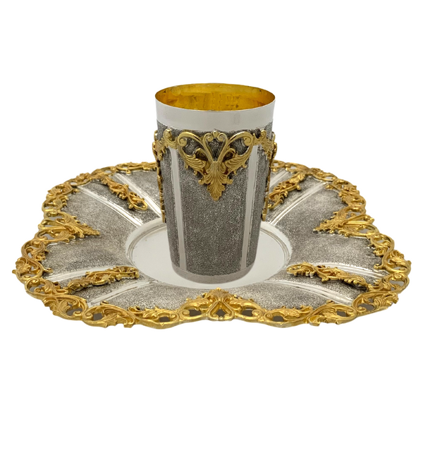 925 STERLING SILVER & GILDED HANDMADE LEAF APPLIQUE ORNATE SQUARE CUP & TRAY