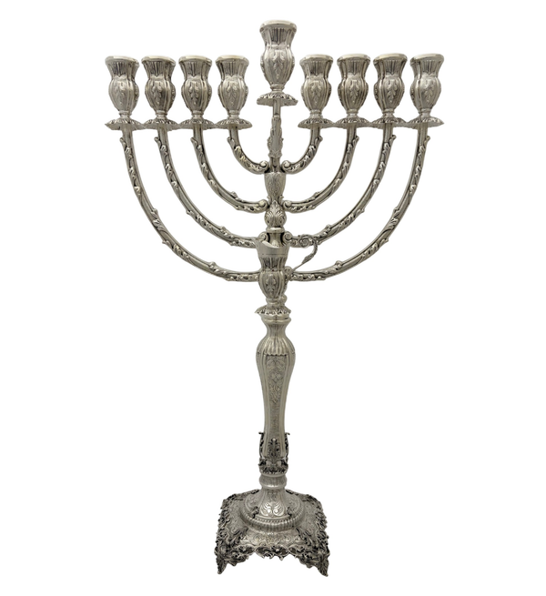 FINE 925 STERLING SILVER HANDMADE LEAF APPLIQUE CHASED STRIATED CHANUKAH MENORAH