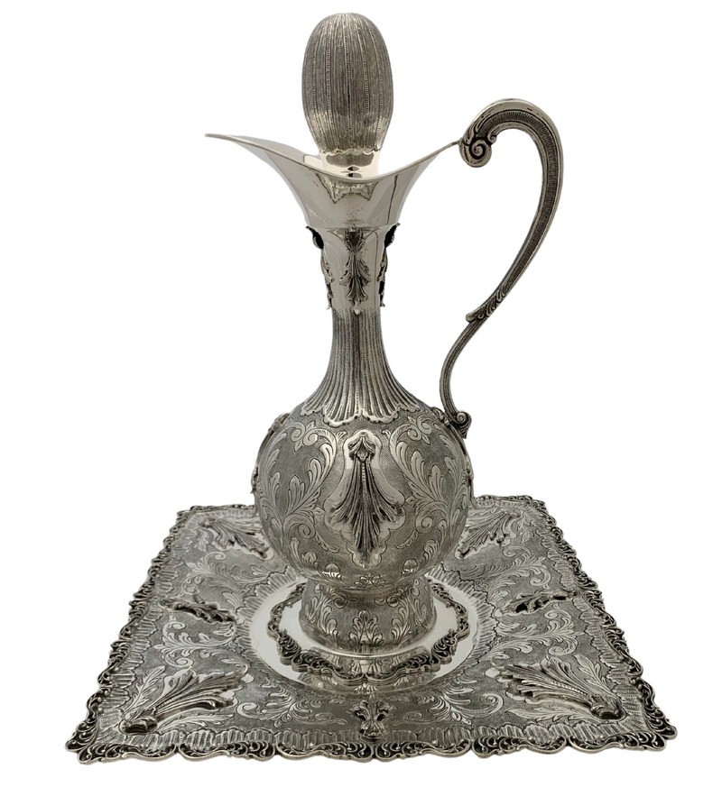 925 STERLING SILVER HANDMADE CHASED LEAF APPLIQUE ORNATE WINE DECANTER & TRAY
