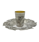 FINE 925 STERLING SILVER HANDMADE MULTI LEAF ORNATE HAMMERED & SHINY CUP & TRAY