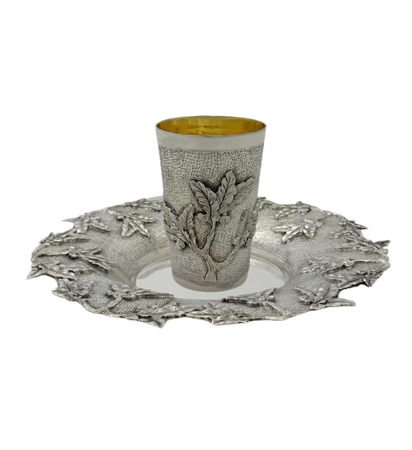 FINE 925 STERLING SILVER HANDMADE MULTI LEAF ORNATE HAMMERED & SHINY CUP & TRAY