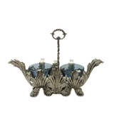 ITALY 925 STERLING SILVER & BLUE GLASS HANDMADE LEAF APPLIQUE DOUBLE SALT HOLDER