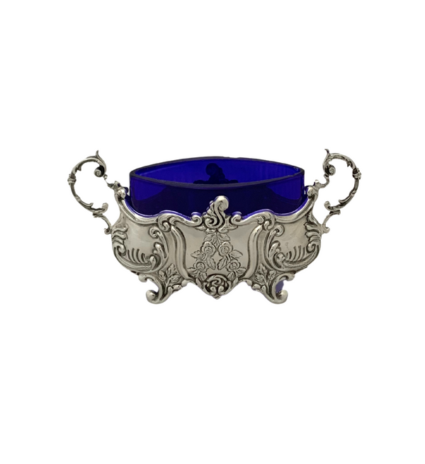 925 STERLING SILVER & BLUE GLASS HANDMADE ORNATE CHASED OVAL SINGLE SALT HOLDER