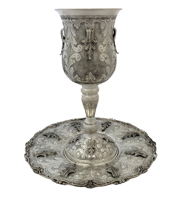 FINE 925 STERLING SILVER HANDMADE LEAF APPLIQUE SWIRL CHASED ELIYAHU CUP & TRAY
