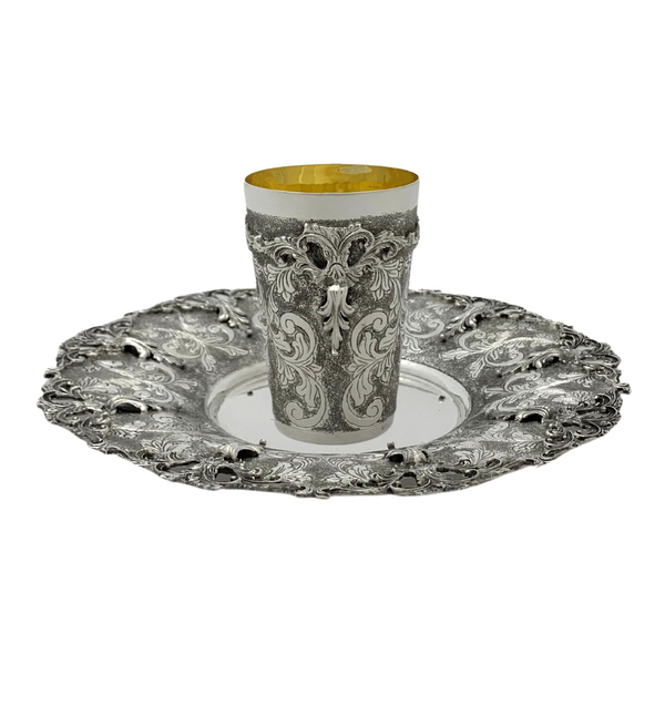 FINE 925 STERLING SILVER HANDMADE LEAF APPLIQUE CHASED SWIRL MATTE CUP & TRAY