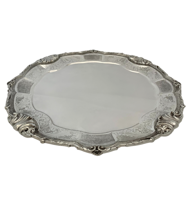 ITALIAN 925 STERLING SILVER HANDMADE CHASED LEAF APPLIQUE MATTE SHINY ROUND TRAY