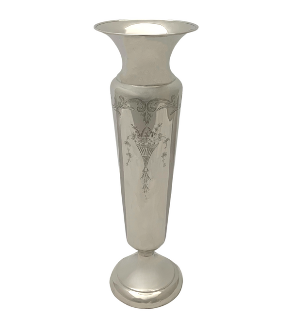 ANTIQUE 925 STERLING SILVER HANDMADE ETCHED FLORAL SCROLLWORK TRUMPET VASE
