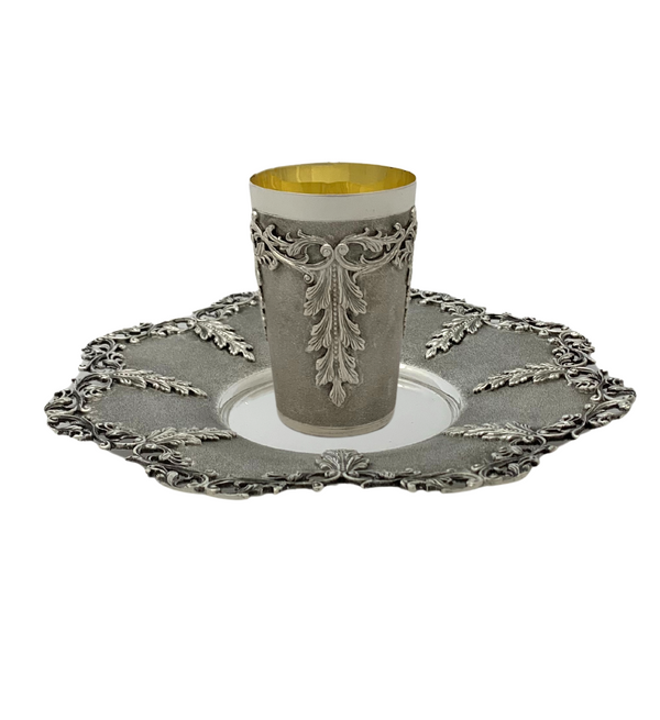 925 STERLING SILVER HANDMADE LEAF APPLIQUE LACE ORNATE MATTE SHINY CUP & TRAY