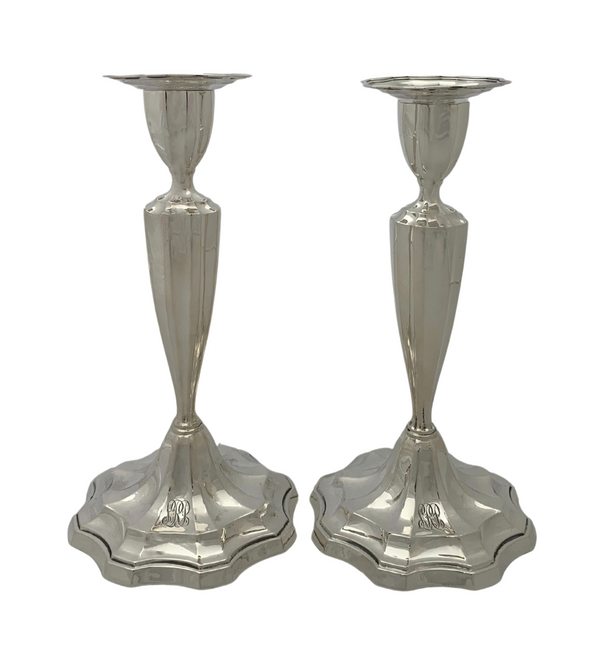 ANTIQUE 925 STERLING SILVER & CEMENT FILLED MONOGRAMMED SHINY SLEEK CANDLESTICKS