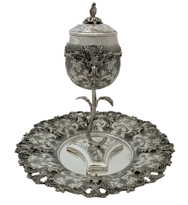 925 STERLING SILVER HANDMADE CHASED LEAF ORNATE MATTE & SHINY VIZNIZ CUP & TRAY