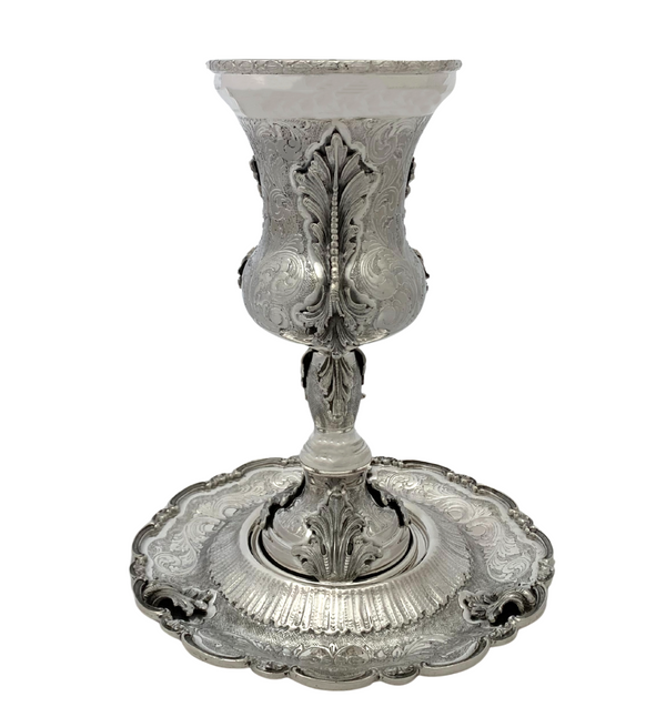 ITALY 925 STERLING SILVER HANDMADE LEAF APPLIQUE SWIRL ORNATE ELIYAHU CUP & TRAY