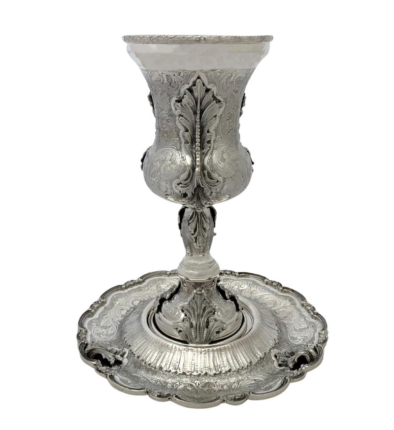 ITALY 925 STERLING SILVER HANDMADE LEAF APPLIQUE SWIRL ORNATE ELIYAHU CUP & TRAY