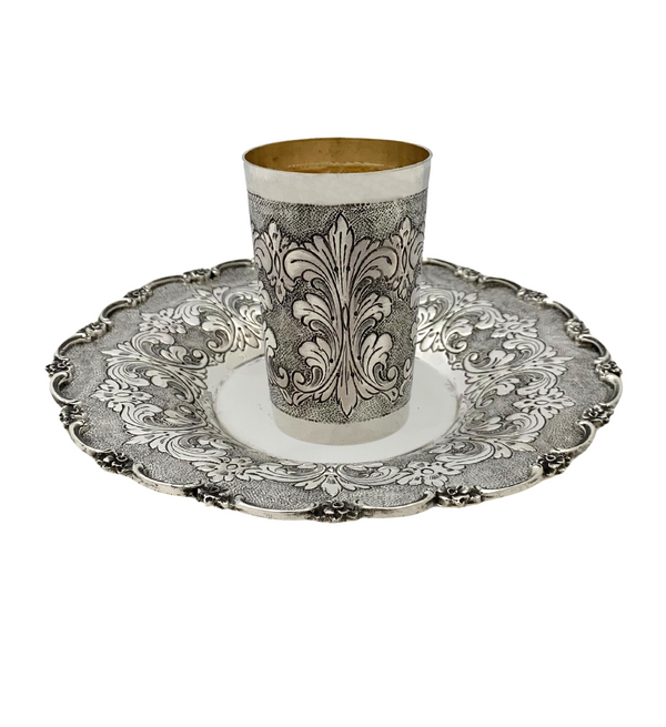 ITALIAN 925 STERLING SILVER HANDMADE CHASED SWIRL FLORAL MATTE SHINY CUP & TRAY