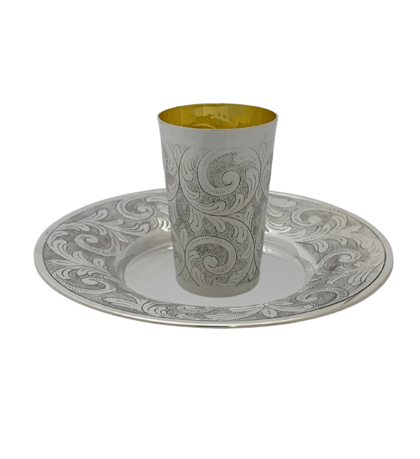 FINE 925 STERLING SILVER HANDMADE SWIRL CHASED ORNATE MATTE & SHINY CUP & TRAY