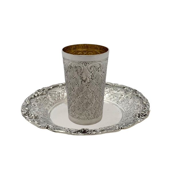 ITALY 925 STERLING SILVER HANDMADE CHASED SWIRL ORNATE MATTE & SHINY CUP & TRAY