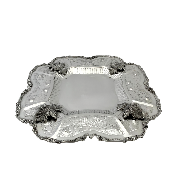 FINE ITALIAN 925 STERLING SILVER HANDMADE LEAF APPLIQUE SWIRL CHASED SQUARE TRAY