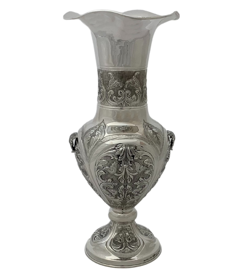 FINE 925 STERLING SILVER HANDMADE SWIRL CHASED FLORAL LEAF APPLIQUE FLOWER VASE