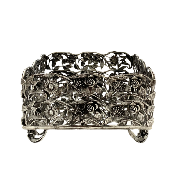 ITALIAN 925 STERLING SILVER HANDMADE FLORAL LEAF OPEN SQUARE FLAT NAPKIN HOLDER