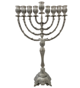 TALL 925 STERLING SILVER HANDMADE CHASED LEAF APPLIQUE STRIATED CHANUKAH MENORAH
