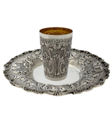 FINE ITALIAN 925 STERLING SILVER HANDMADE CHASED SWIRL LEAF ORNATE CUP & TRAY