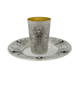 FINE 925 STERLING SILVER HANDMADE LEAF APPLIQUE CHASED MATTE & SHINY CUP & TRAY