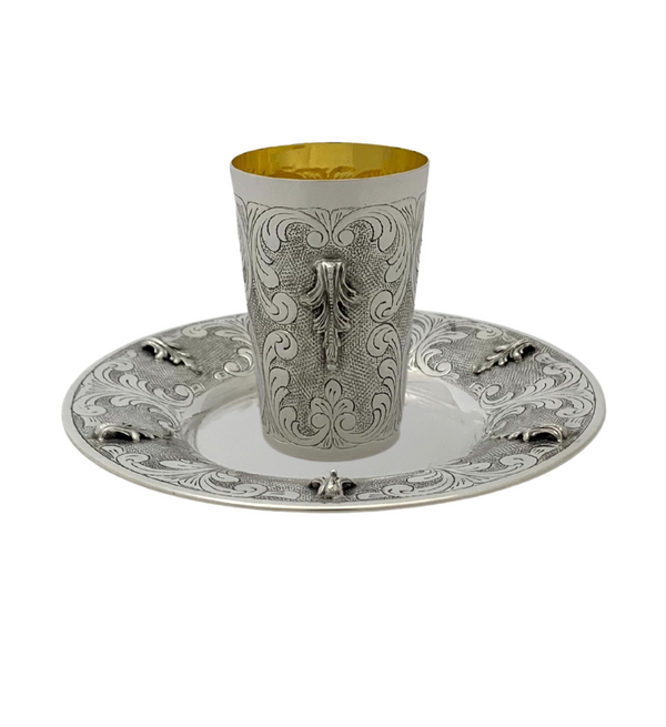 FINE 925 STERLING SILVER HANDMADE LEAF APPLIQUE CHASED MATTE & SHINY CUP & TRAY