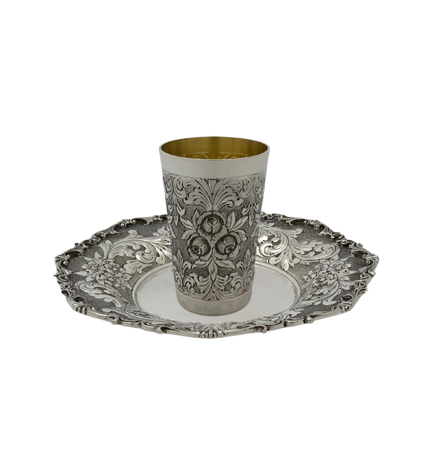 ITALY 925 STERLING SILVER HANDMADE FLORAL SWIRL CHASED MATTE & SHINY CUP & TRAY