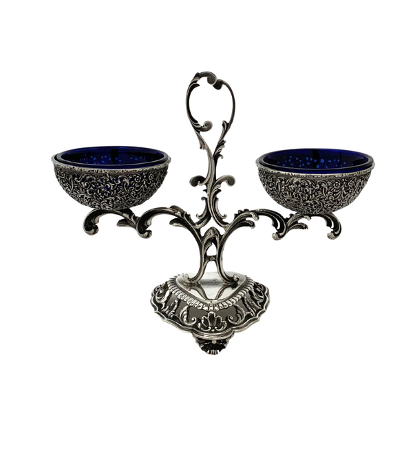 ITALY 925 STERLING SILVER & BLUE GLASS HANDMADE LACE ORNATE DOUBLE SALT HOLDER
