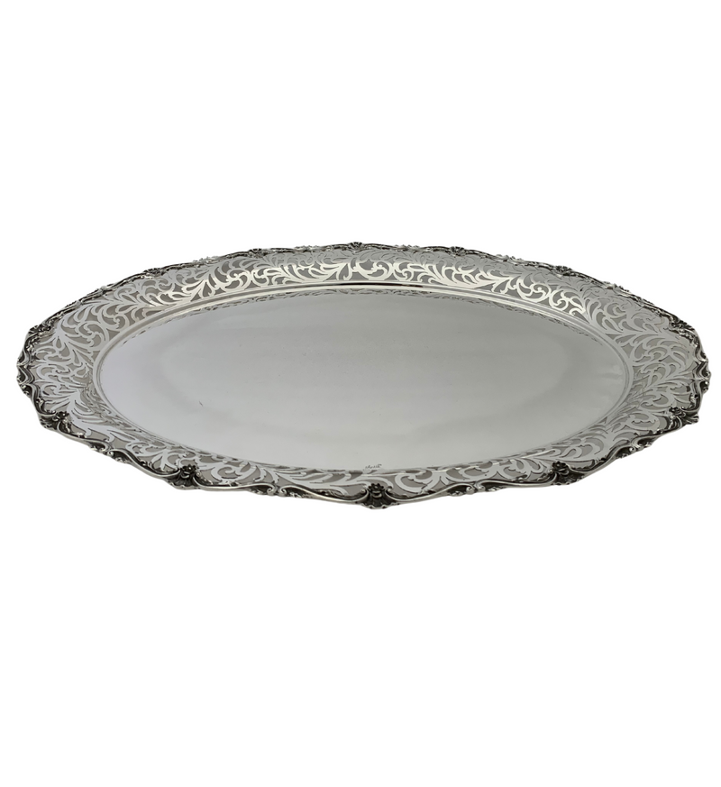 FINE 925 STERLING SILVER HANDMADE CHASED FILIGREE SWIRL FLORAL CUT OUT OVAL TRAY