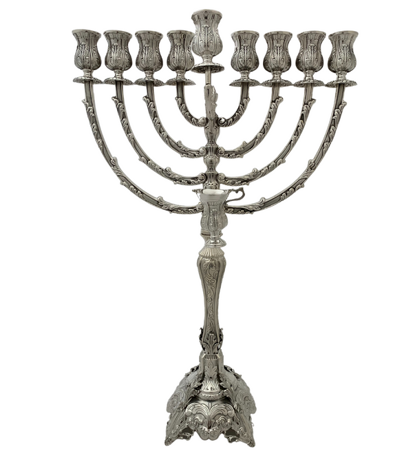 TALL 925 STERLING SILVER HANDMADE CHASED LEAF APPLIQUE ORNATE CHANUKAH MENORAH