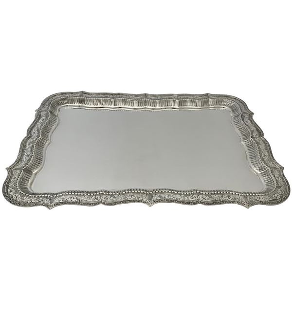925 STERLING SILVER HANDMADE CHASED SWIRL MATTE & SHINY RECTANGLE SERVING TRAY