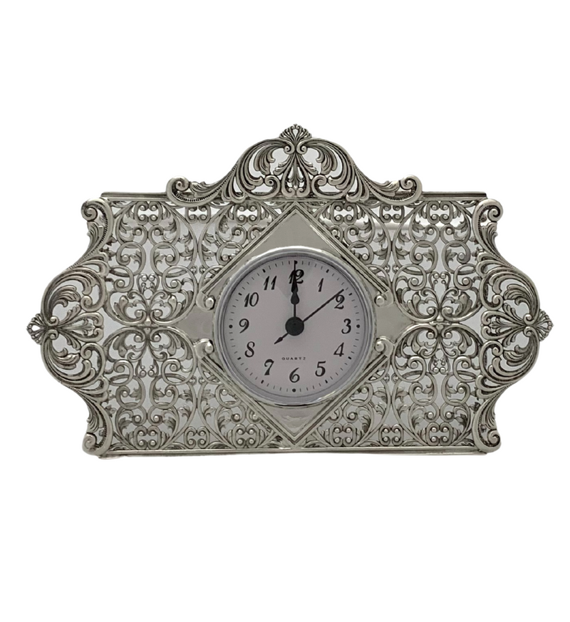 FINE 925 STERLING SILVER HANDMADE OPEN LACE SWIRL ORNATE LEAF QUARTZ TABLE CLOCK