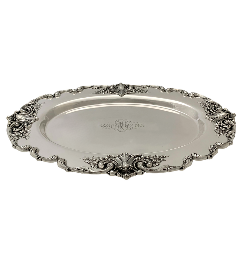 ANTIQUE AMERICAN 925 STERLING SILVER HANDMADE FOLIATE SCROLL OVAL PLATTER TRAY