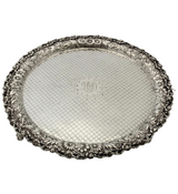 ANTIQUE S. KIRK & SON 925 STERLING SILVER HANDMADE ORNATE FLORAL ROUND TRAY