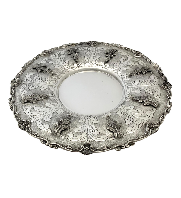 925 STERLING SILVER HANDMADE CHASED LEAF APPLIQUE SWIRL MATTE SHINY ROUND TRAY
